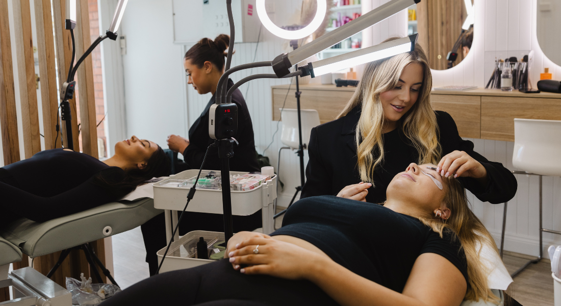 Makeup and Beauty Lounge Moonee Ponds Beauty Salon, Owner Emily Providing Brow Lamination Service and Alana Providing Lash Lift and Tint Service. Book your Brow and Lash Treatments 