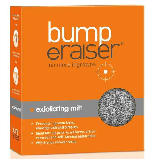 Bump eRaiser exfoliating mitt in orange box for preventing ingrown hairs and improving skin smoothness