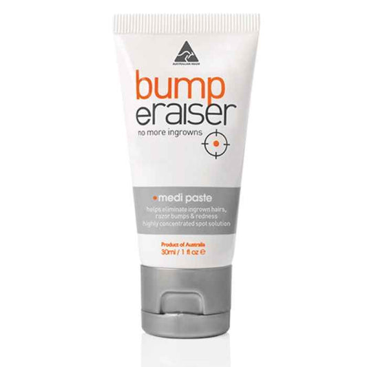 Caronlab Bump eRaiser Medi Paste fast acting treatment for ingrown hairs, razor bumps, and redness with antibacterial formula.