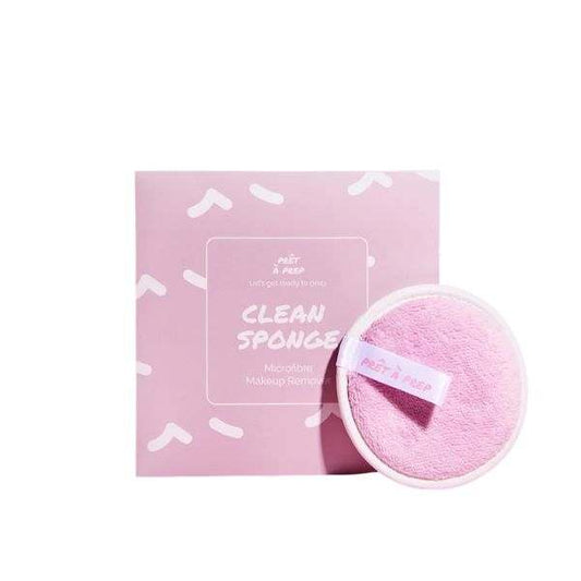 Clean Sponge by Pret à Prep pink reusable makeup remover pad with packaging for gentle daily skincare and eco-friendly cleansing