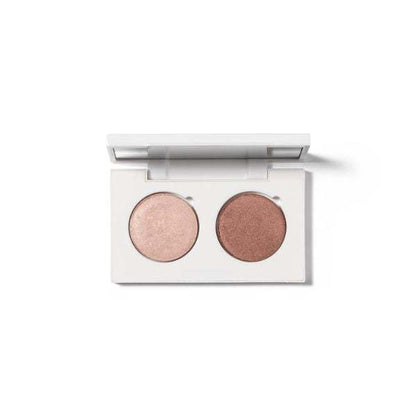 Duo eyeshadow palettes with two complementary pigmented shades in a compact white case with mirror