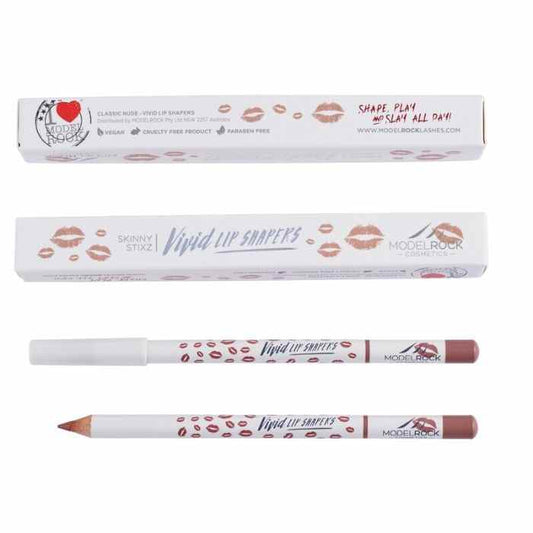 Modelrock Lip Liners in nude shade with white packaging and lip print design, creamy and long-lasting lip contour pencils.
