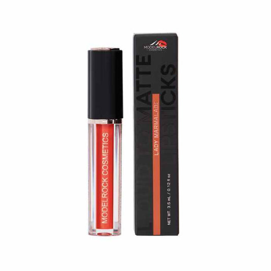 Modelrock Liquid to Matte Lipstick in Lady Marmalade shade with black cap and packaging box showing bold matte finish and high pigmentation.
