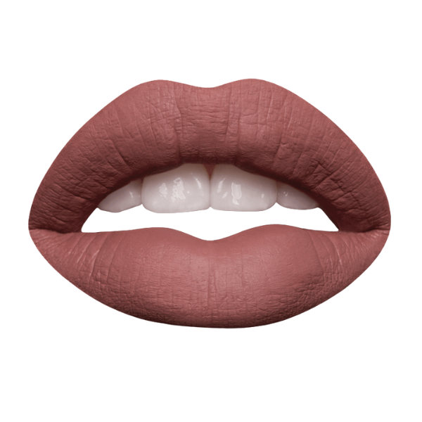 Close-up of lips wearing Modelrock Liquid to Matte Lipsticks in a bold matte mauve shade