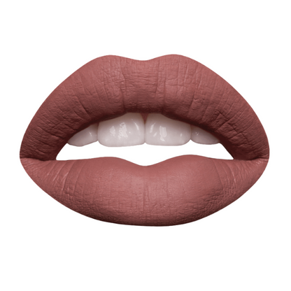 Close-up of lips wearing Modelrock Liquid to Matte Lipsticks in a bold matte mauve shade