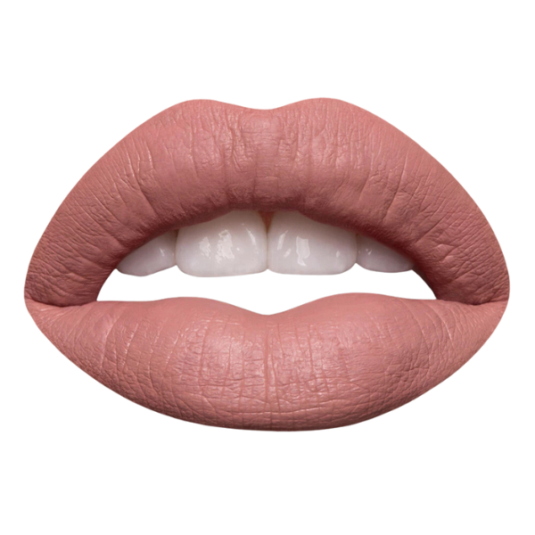 Close-up of lips wearing nude pink Modelrock liquid to matte lipstick with smooth, bold, long-lasting color and matte finish