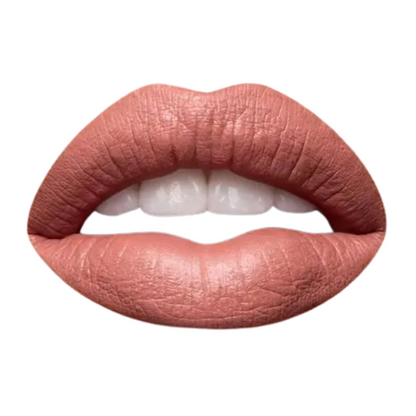 Close-up of lips wearing nude pink liquid to matte lipstick with smooth, bold, velvety finish