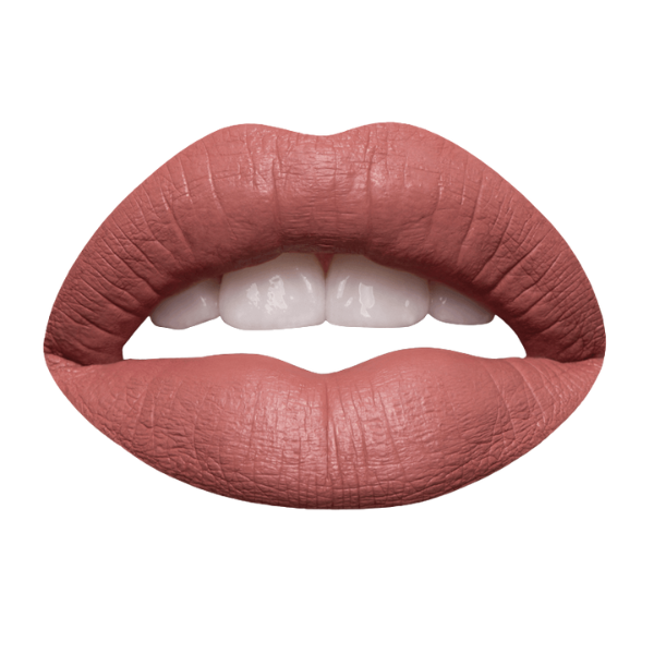 Close-up of lips wearing a bold, matte liquid to matte lipstick in a soft brown shade, showcasing a smooth, velvety finish.