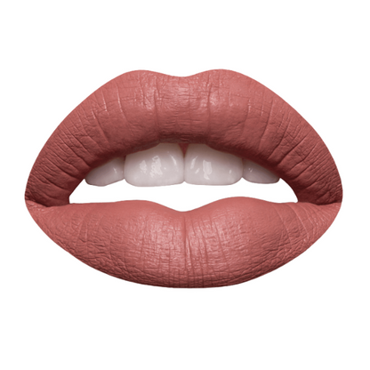 Close-up of lips wearing a bold, matte liquid to matte lipstick in a soft brown shade, showcasing a smooth, velvety finish.