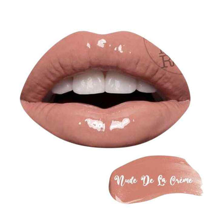 Close-up of lips wearing Modelrock Luxe Silk Lip Gloss in Nude De La Crème with high shine and smooth, hydrating finish