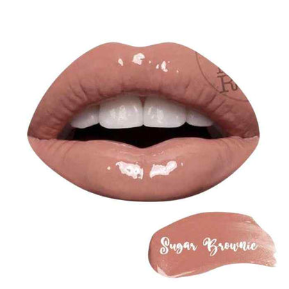 Close-up of lips wearing Modelrock Luxe Silk Lip Gloss in Sugar Brownie shade with high shine and smooth, hydrated finish