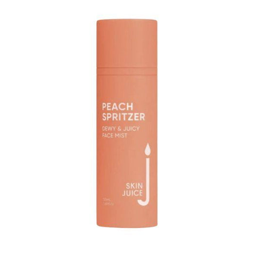 Peach Spritzer Hydrating Face Spray by Skin Juice in peach-colored bottle for refreshing, hydrating, and glowing skin.