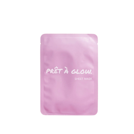 Prêt à Glow Sheet Mask in pink packaging for hydrating, brightening, and revitalizing skin.
