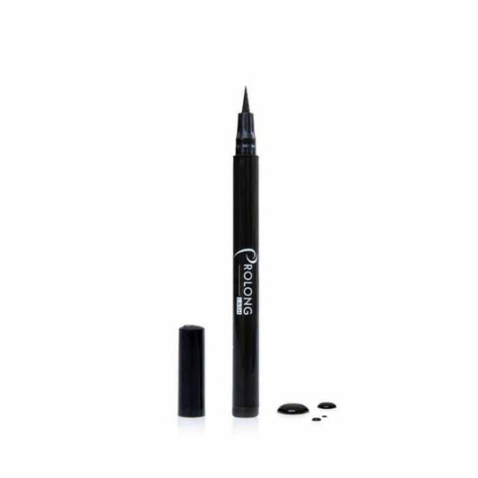 Black Prolong Lash eyelash extension safe eyeliner pen with cap and ink droplets on white background