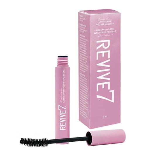 Revive7 Lash Serum Volume Mascara in pink tube with curved brush and matching packaging box