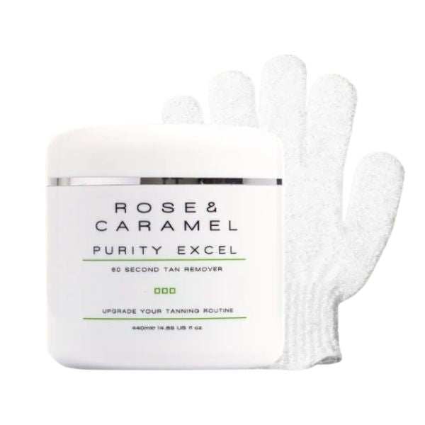 Purity Excel 60 Second Tan Remover with Rose & Caramel White Exfoliating Glove for fast fake tan removal and smooth skin