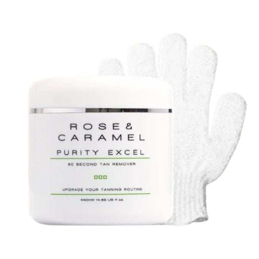Purity Excel 60 Second Tan Remover with Rose & Caramel White Exfoliating Glove for fast fake tan removal and smooth skin