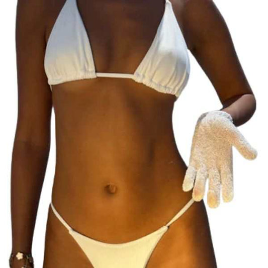 White exfoliating glove for tan prep and smooth skin shown on model wearing white bikini