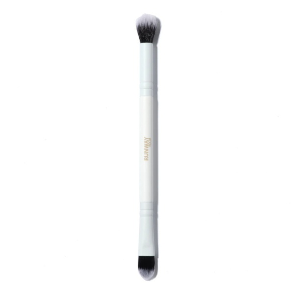 Runway Room dual ended brush with tapered and fluffy brushes for precise application and seamless blending of liquid, cream, and powder concealers.
