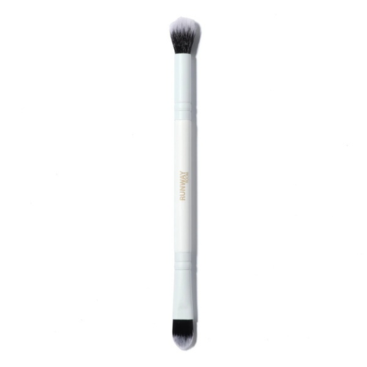 Runway Room dual ended brush with tapered and fluffy brushes for precise application and seamless blending of liquid, cream, and powder concealers.
