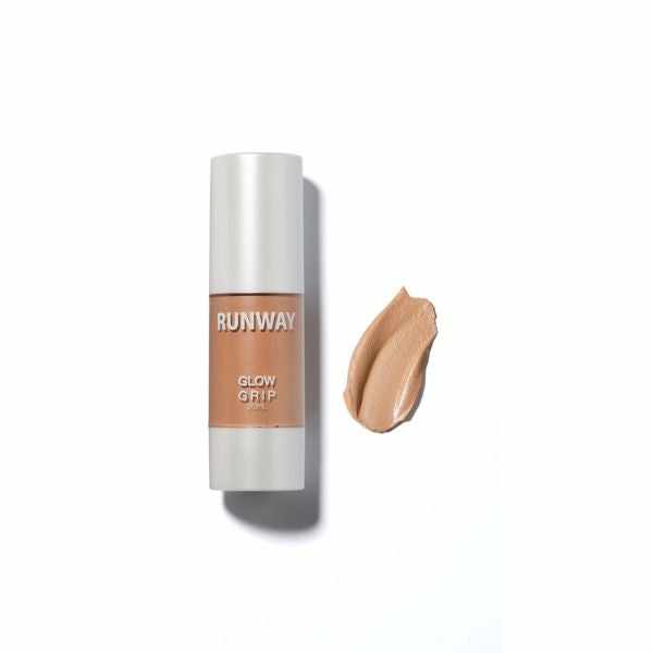 Runway Room Glow Grip Primer bottle and swatch, hydrating and radiance-boosting makeup base.