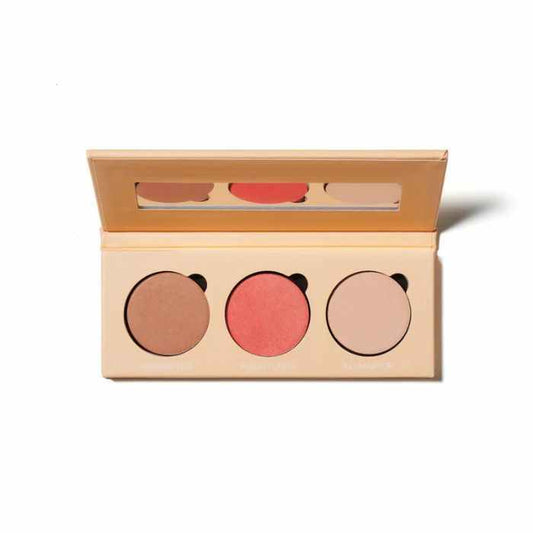 Runway Room Warm Glow Palette with bronzer, blush, and highlighter in warm, blendable shades for radiant skin.