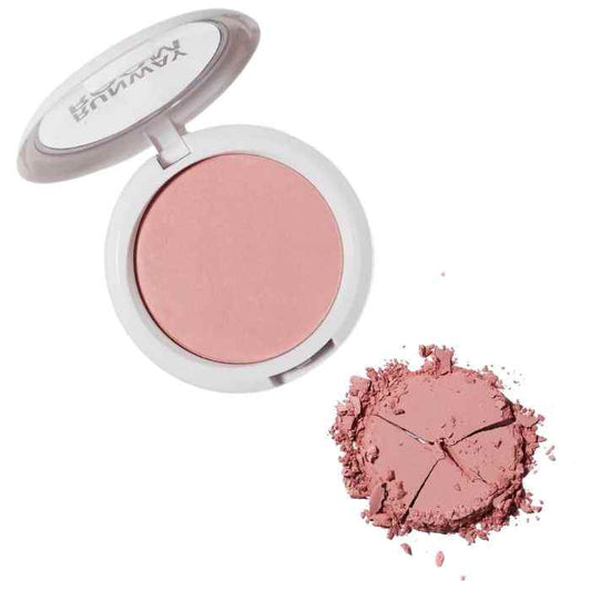 Runway Room Pink Frost Mineral Blush in soft pink shade with smooth, blendable texture and crushed powder sample.