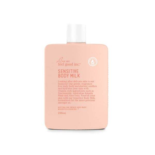 We Are Feel Good Inc. Sensitive Body Milk for gentle hydration and soothing of delicate skin, enriched with aloe vera and vitamin E, free from parabens and synthetic fragrance