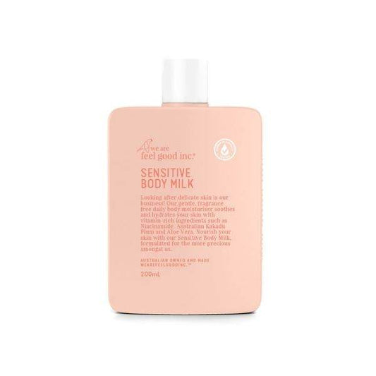 We Are Feel Good Inc. Sensitive Body Milk for gentle hydration and soothing of delicate skin, enriched with aloe vera and vitamin E, free from parabens and synthetic fragrance