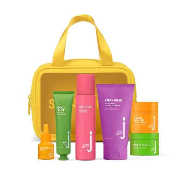 Balance Me Bundle skincare products for combination skin with yellow carrying bag.