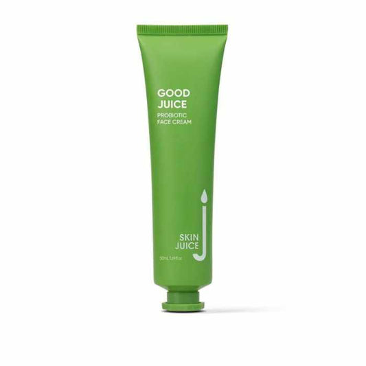 Green tube of Skin Juice Good Juice Probiotic Face Cream for hydrating and balancing skin microbiome.