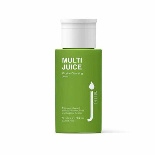 Green bottle of Multi Juice Micellar Water Cleansing Skin Drink for cleansing and hydrating skin.