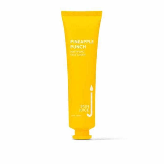 Bright yellow tube of Skin Juice Pineapple Punch Mattifying Face Cream for oily and combination skin, lightweight hydration with pineapple enzymes.