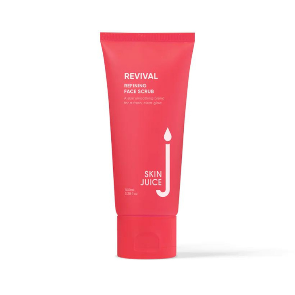 Revival Refining Face Scrub by Skin Juice in a red tube for gentle exfoliation and skin renewal