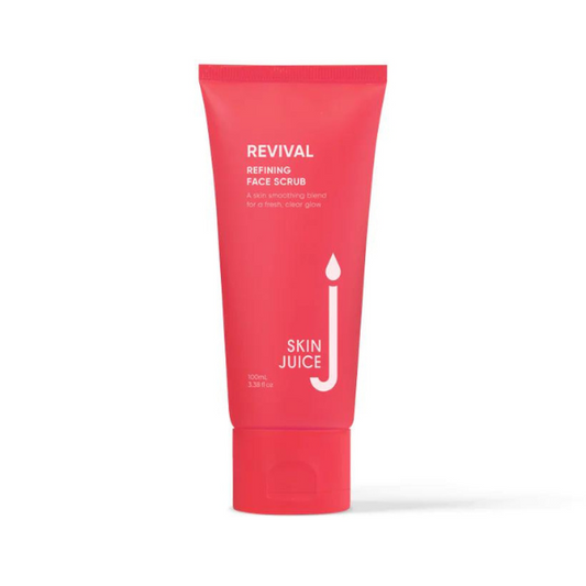 Revival Refining Face Scrub by Skin Juice in a red tube for gentle exfoliation and skin renewal