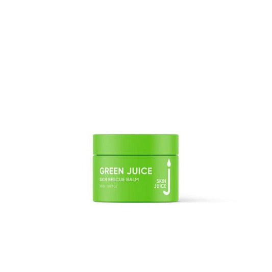 Green Juice Skin Rescue Balm in green jar on white background.
