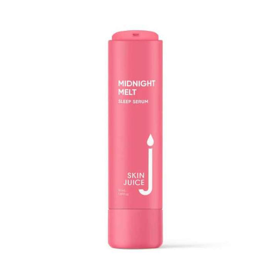 Pink bottle of Skin Juice Midnight Melt Night Serum for radiant and renewed skin.