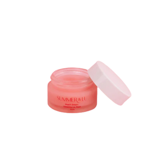 Summer & Lu Peach Dream overnight Lip Mask in a pink jar with white lid, hydrating and nourishing overnight lip treatment with peach extract.