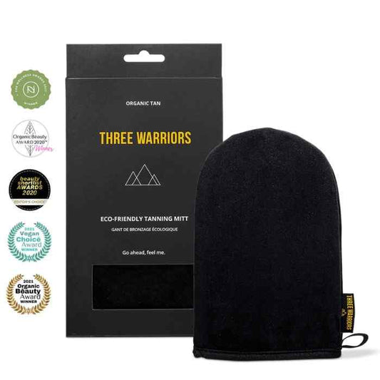 Three Warriors eco-friendly tanning mitt with award-winning packaging for streak-free, sustainable self-tanning application