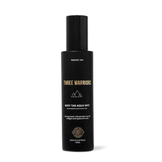 Three Warriors Body Tan Aqua Mist bottle with organic tanning water for natural glow.